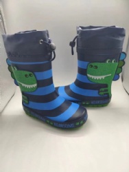 rubber rain boots blue stripe with dinosaur