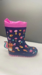 rubber rain boots navy with mushrooms and squirrel